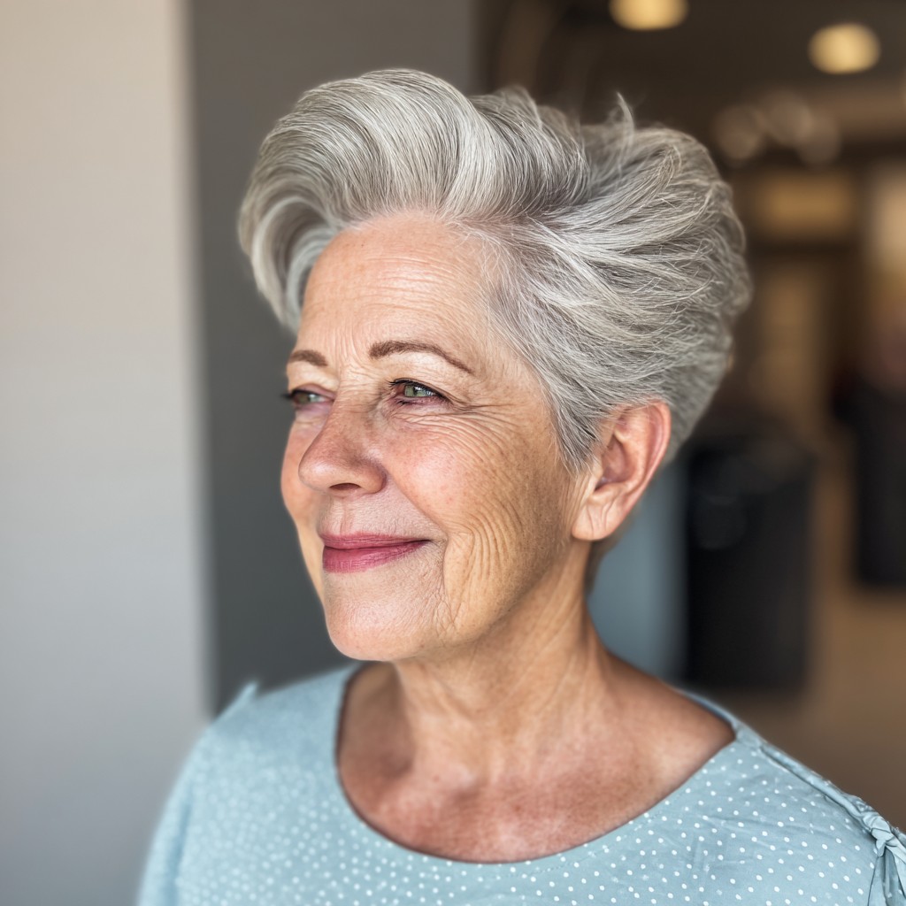 Elegant Silver Pompadour Pixie Cut