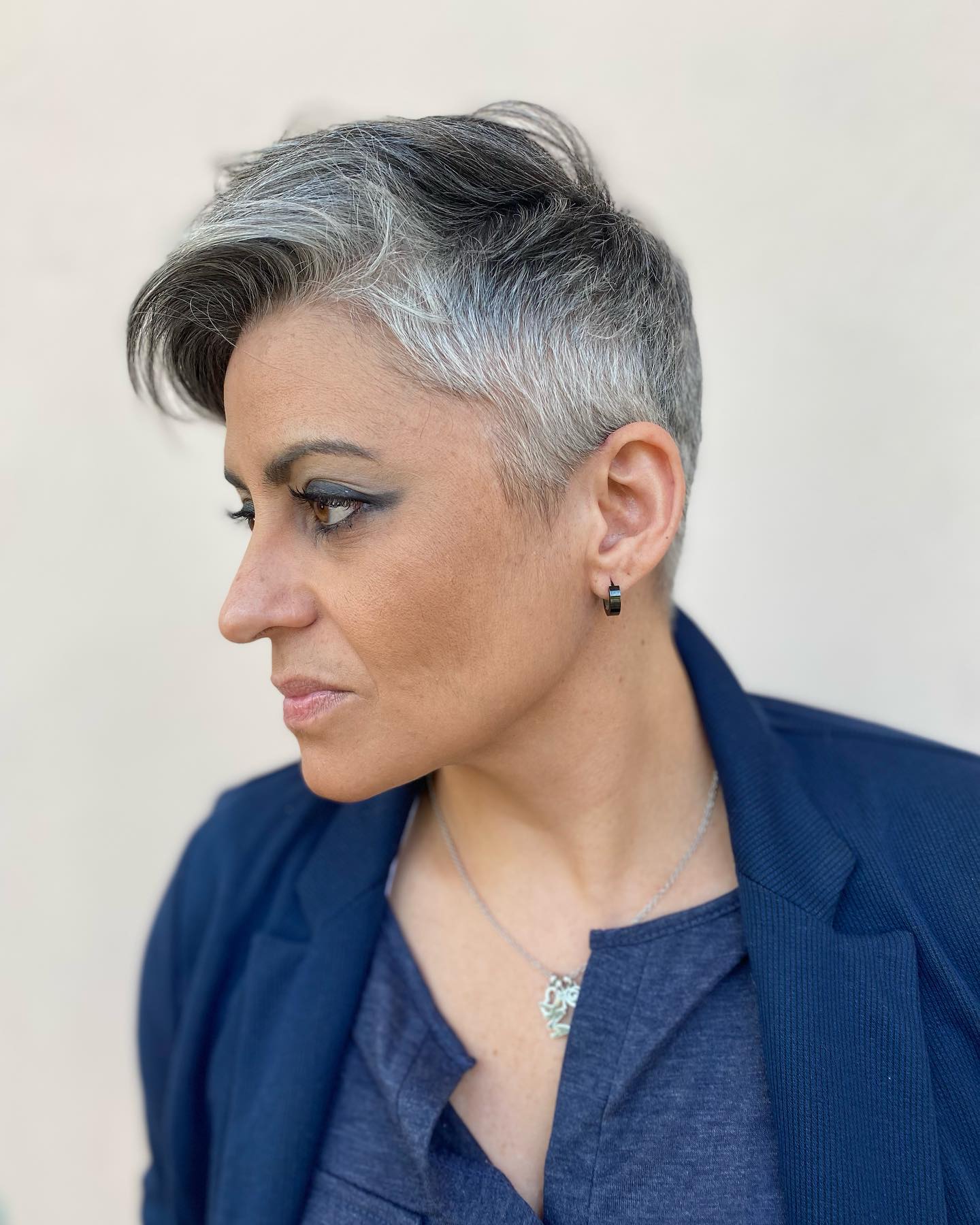 Modern Textured Pompadour Pixie with Silver Highlights
