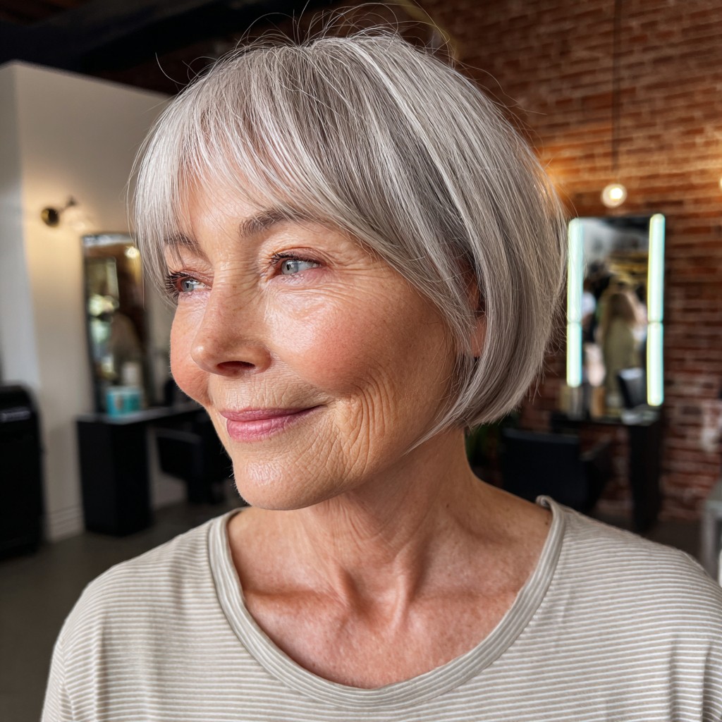 Radiant Silver Jaw-Length Bob with Soft Curtain Bangs