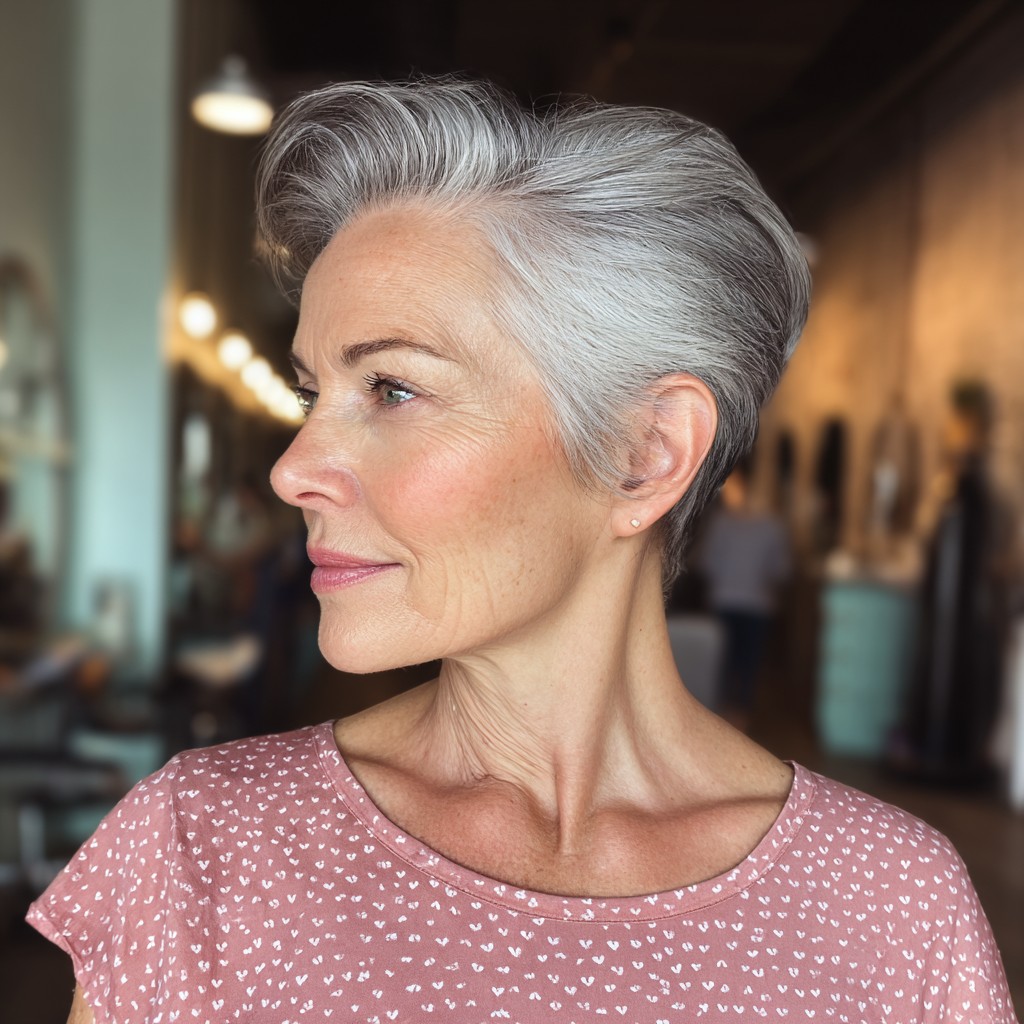 Stylish Silver Pompadour Pixie with Edgy Volume