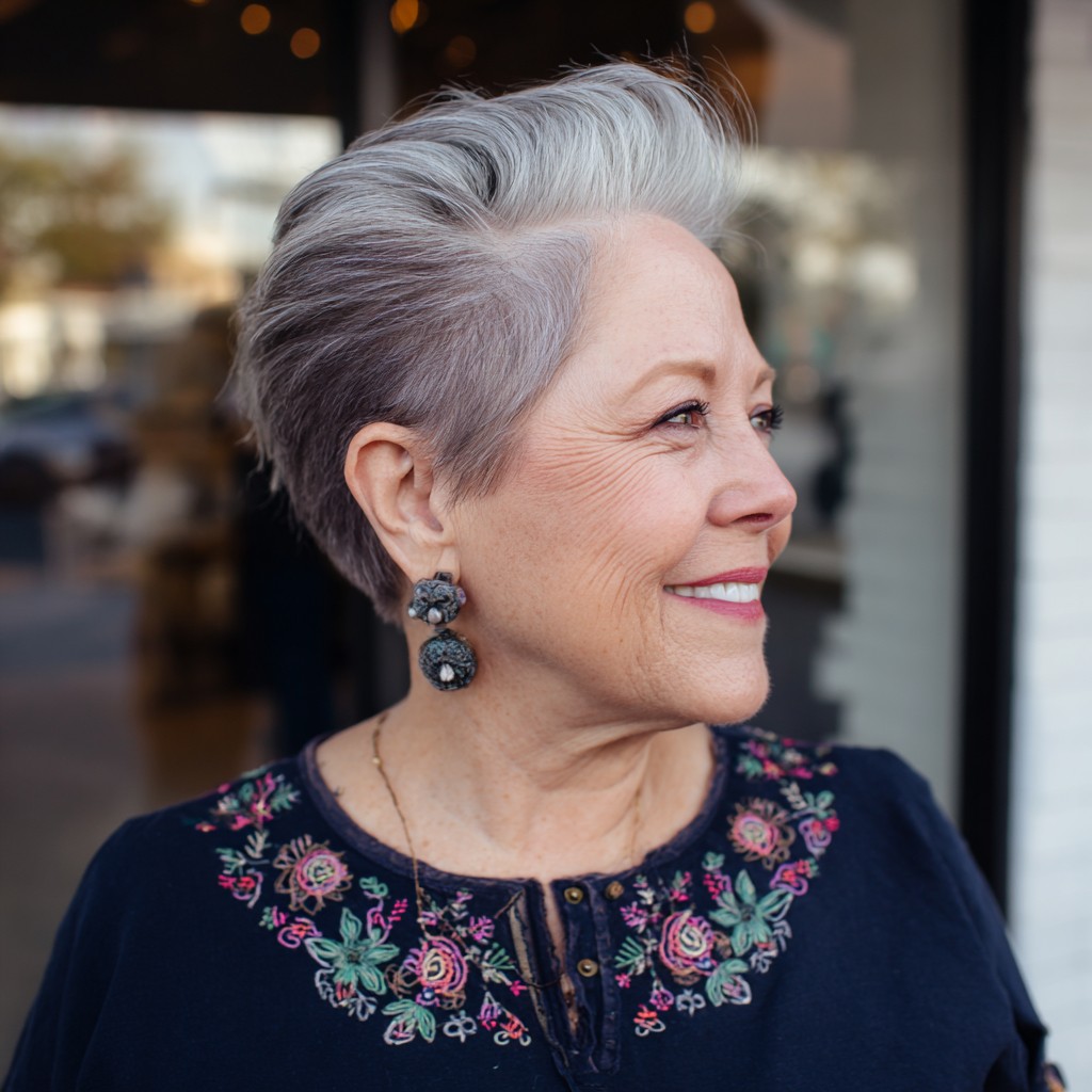 Stylish Silver Pompadour Pixie with Textured Sides
