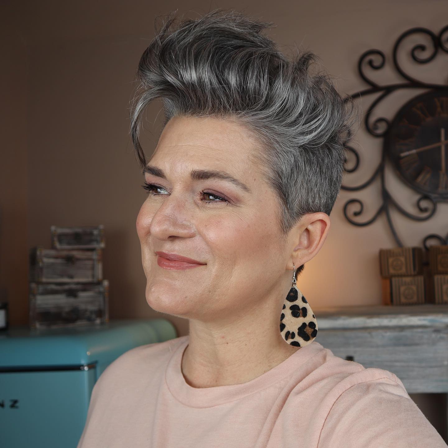 Stylish Textured Pompadour Pixie with Grey Highlights