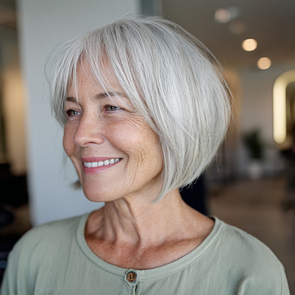 Textured Jaw-Length Bob with Soft Curtain Bangs