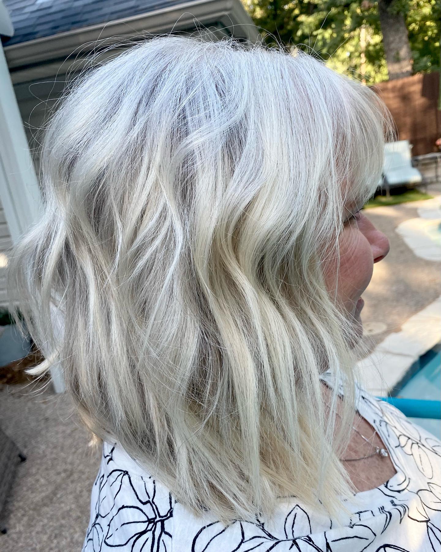 Textured Silver Beachy Waves with Soft Bangs