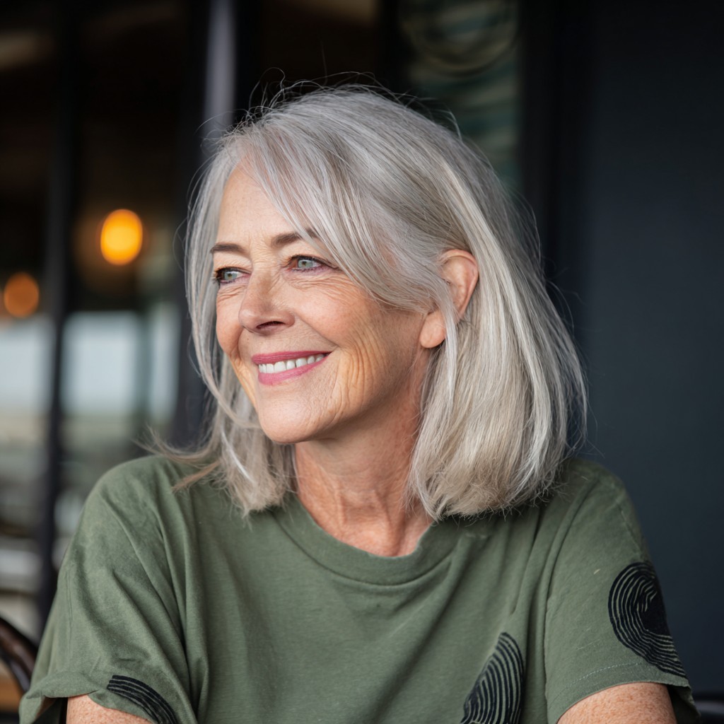 Chic Silver Shoulder-Length Bob with Soft Layers