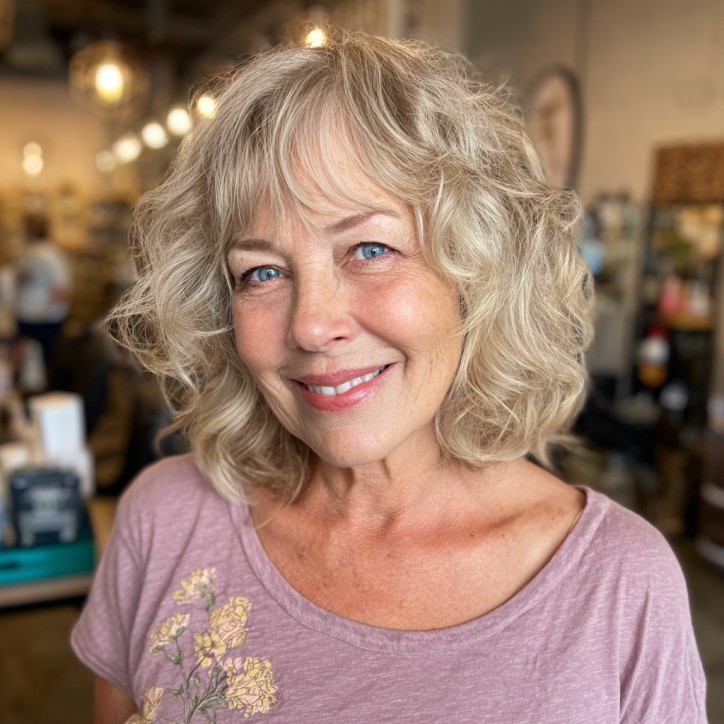 Chic Curly Shoulder-Length Bob with Soft Bangs