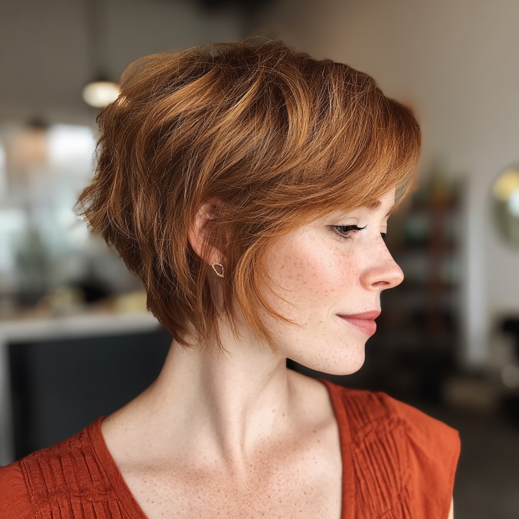Chic Layered Copper Pixie with Soft Waves