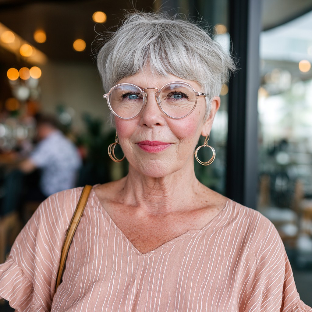 Chic Silver Baby Bangs with Textured Pixie Cut