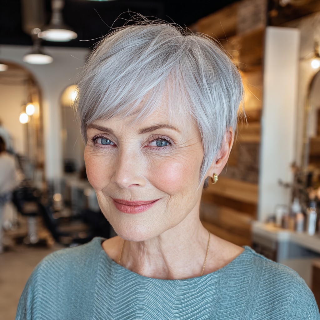 Chic Softly Textured Silver Pixie with Subtle Layers