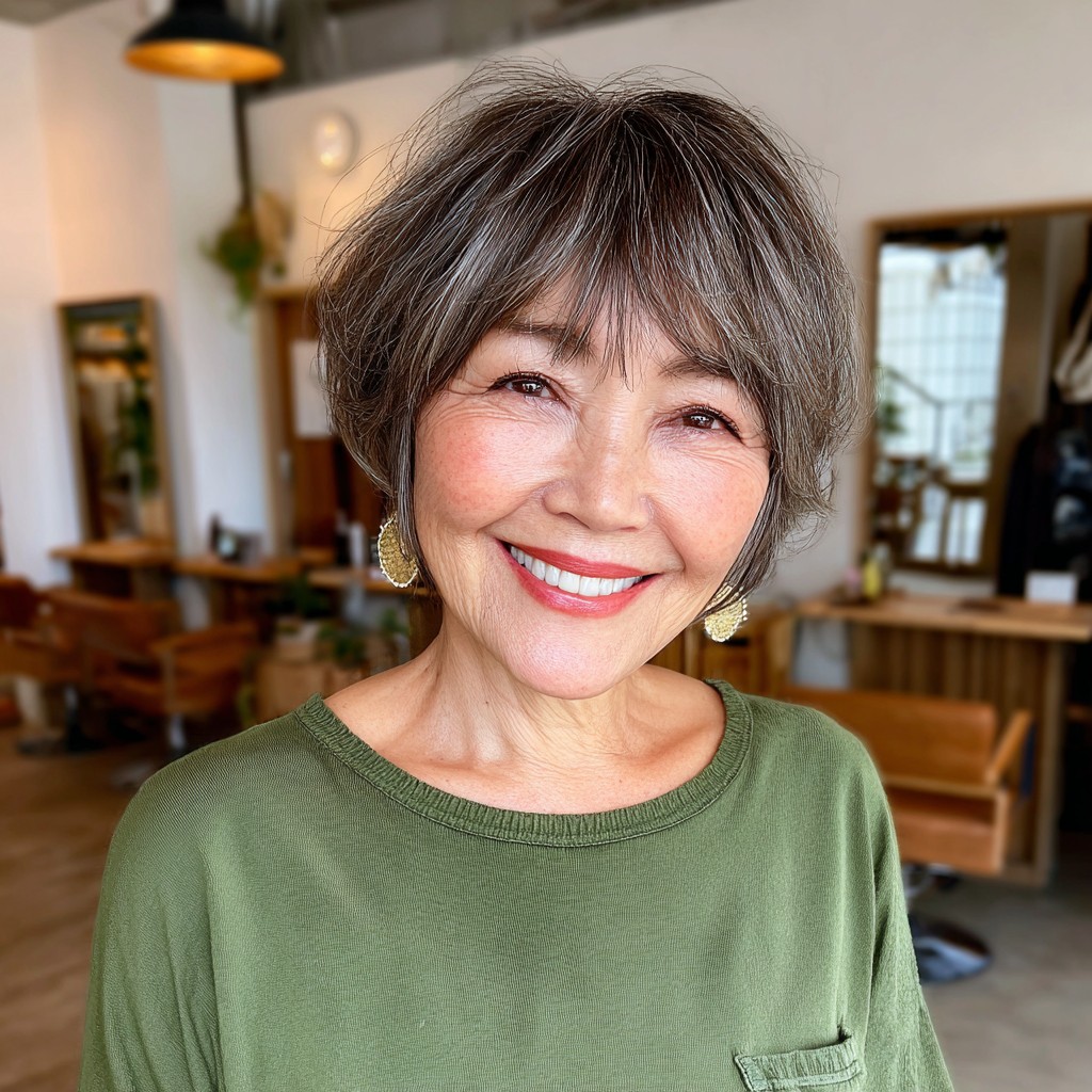 Chic Textured Gray Bob with Soft Bangs