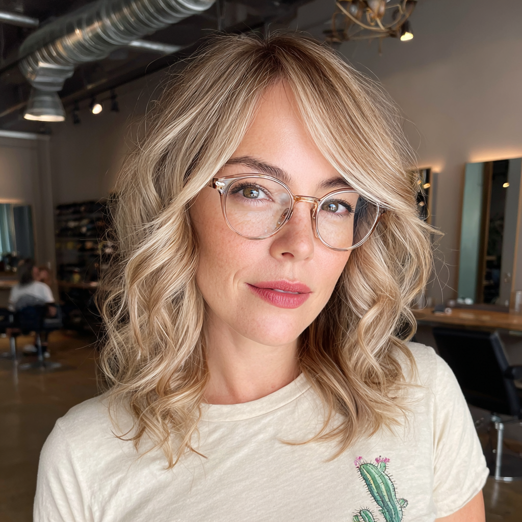 Chic Textured Shoulder-Length Blonde Waves with Soft Highlights