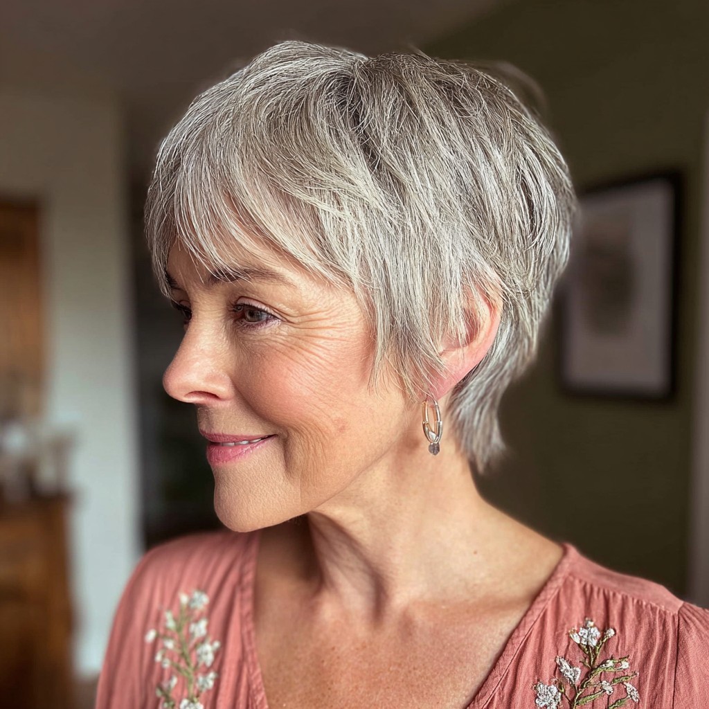 Chic Textured Silver Pixie with Soft Layers