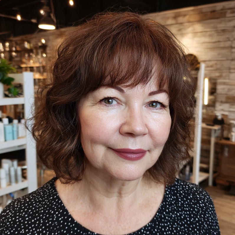 Choppy Curly Bob with Soft Bangs for Round Faces