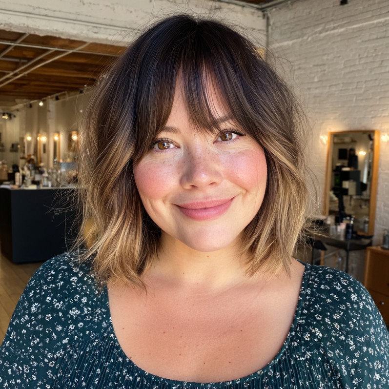 Effortless Choppy Lob with Soft Bangs for Round Faces