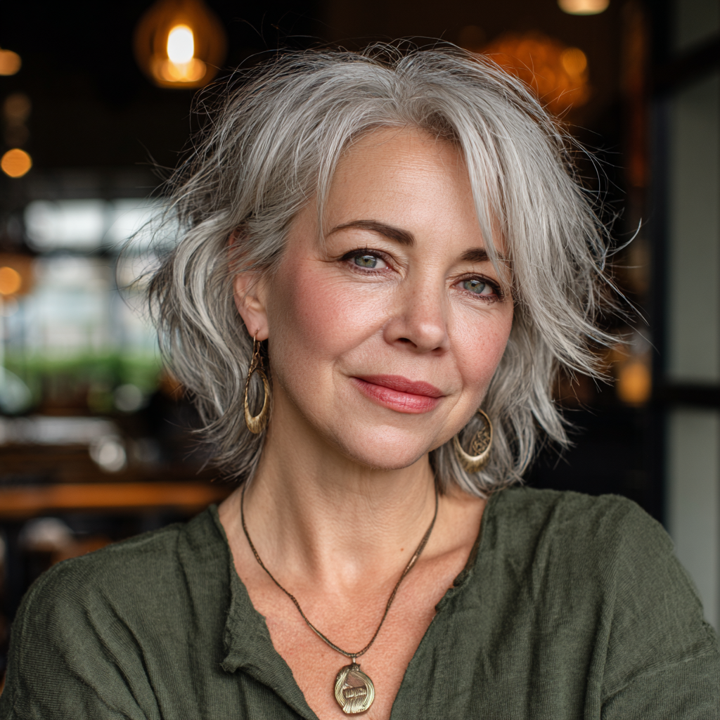 Effortlessly Textured Grey Lob with Soft Waves