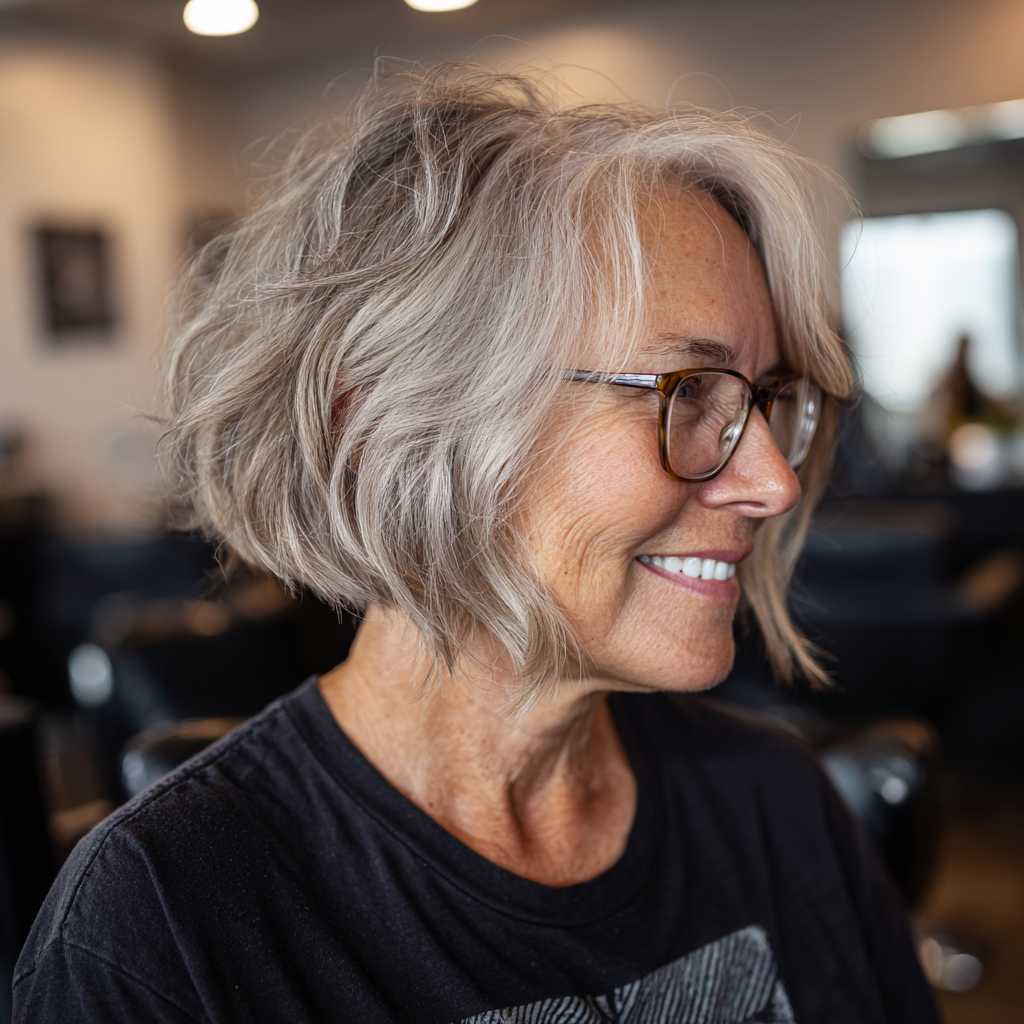Effortlessly Tousled Wedge Bob with Soft Silver Highlights