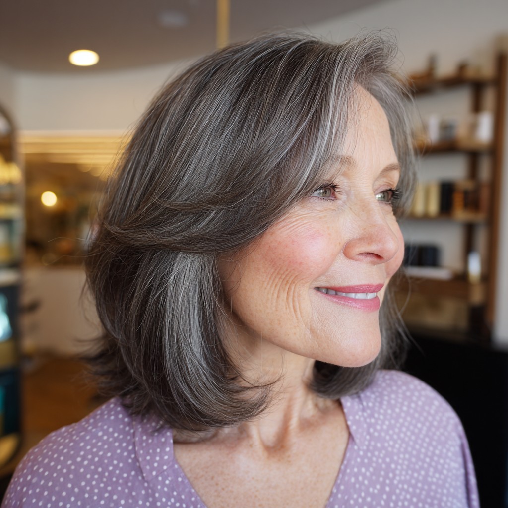 Elegant Silver Shoulder-Length Bob with Soft Layers