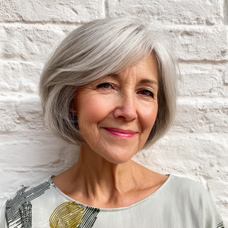 Glossy Silver Floating Bob with Soft Volume