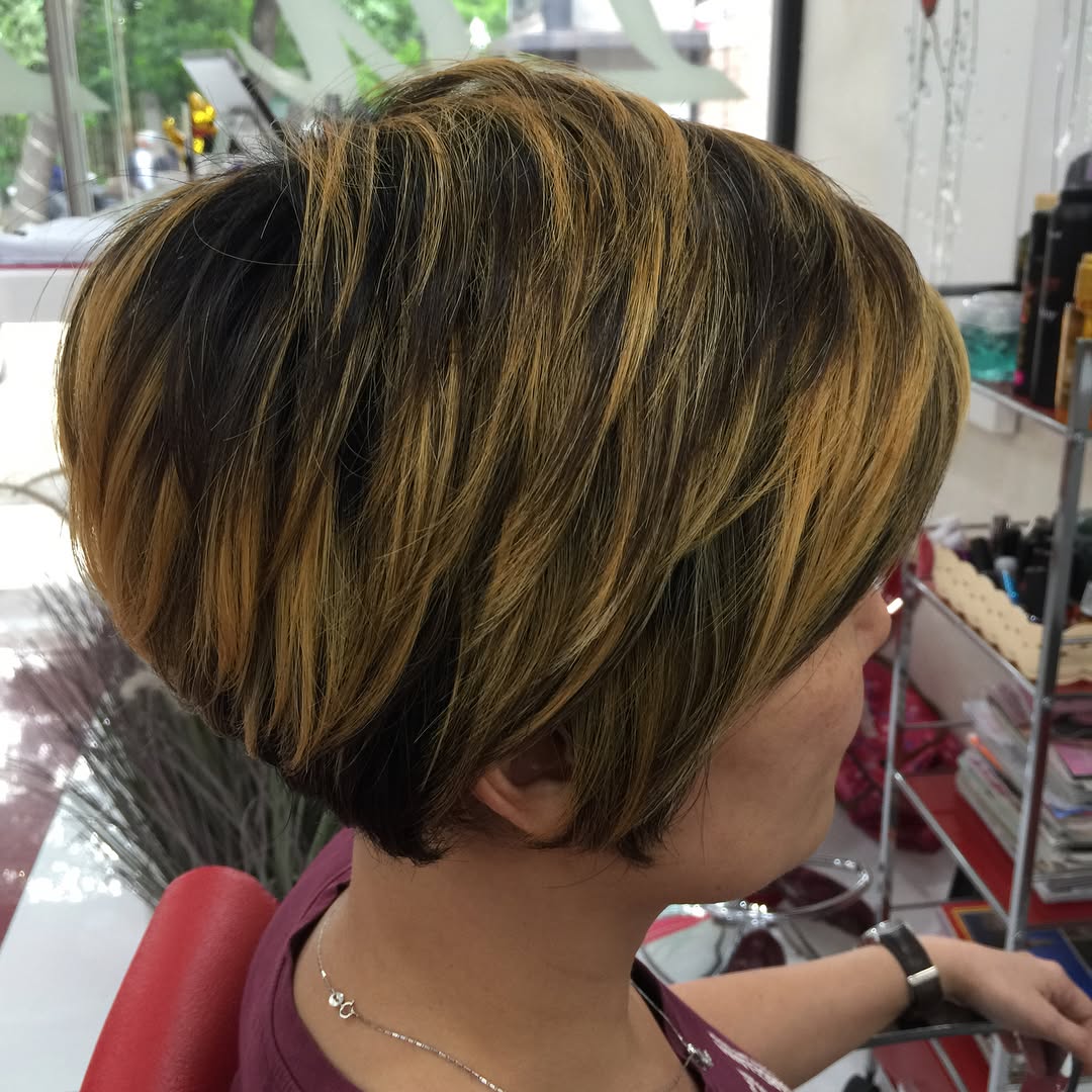 Modern Stacked Bob with Caramel Highlights