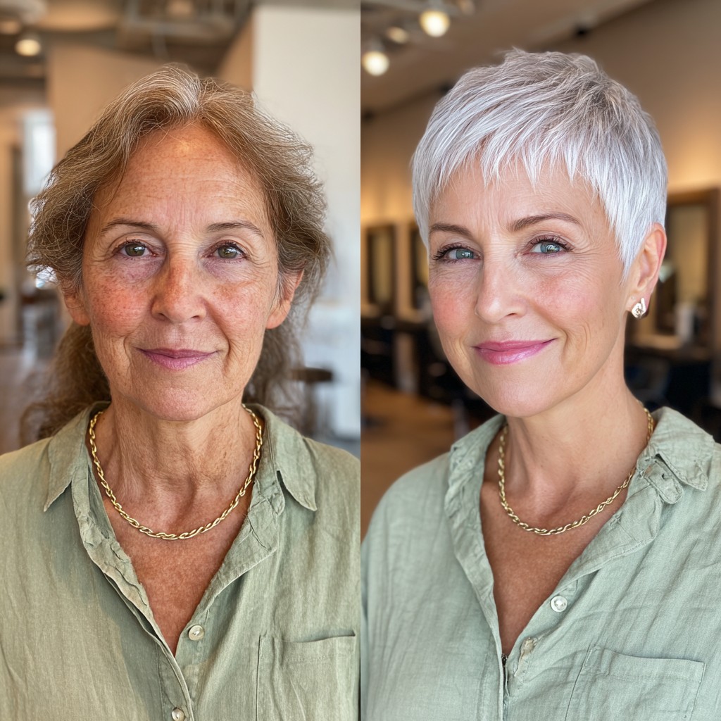 Sleek Silver Pixie Cut with Baby Bangs