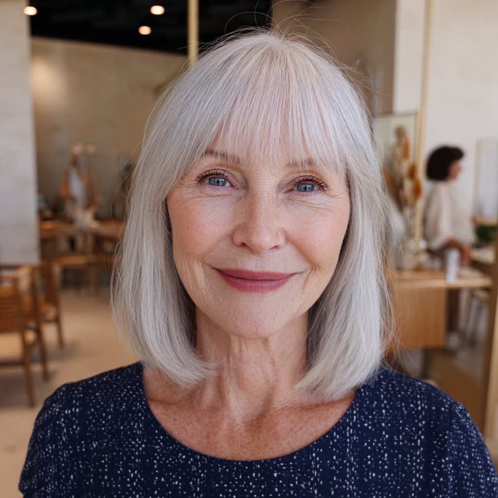 Soft Silver Shoulder-Length Bob with Subtle Bangs