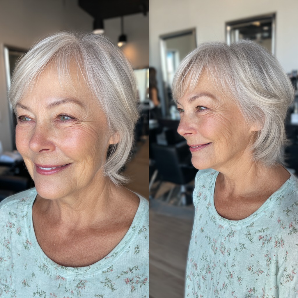 Soft Textured Silver Bob with Side Bangs