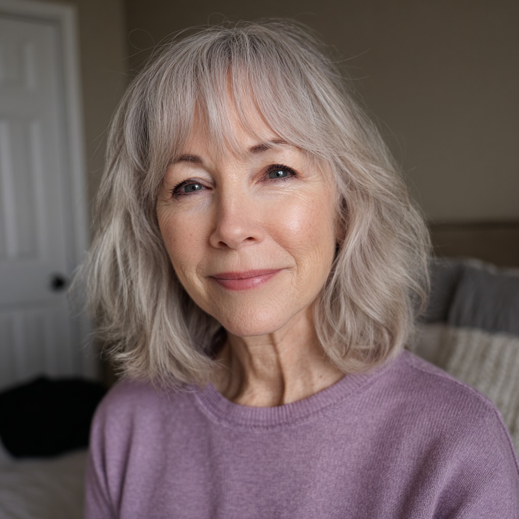 Softly Layered Silver Shoulder-Length Bob with Bangs