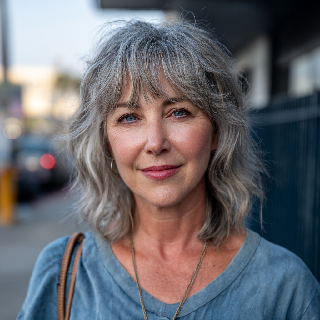 Softly Textured Grey Waves with Face-Framing Layers