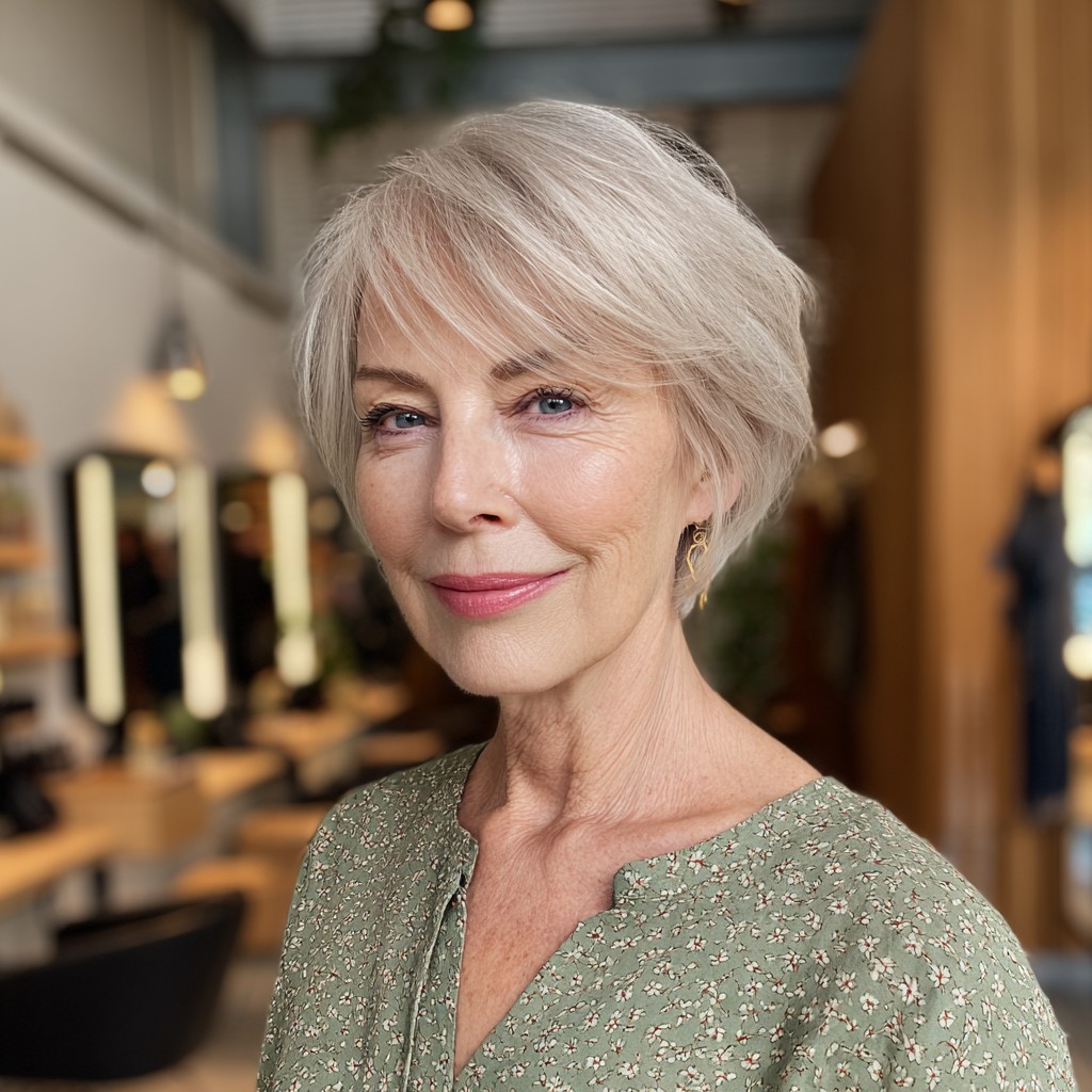 Softly Textured Platinum Pixie with Side-Swept Bangs