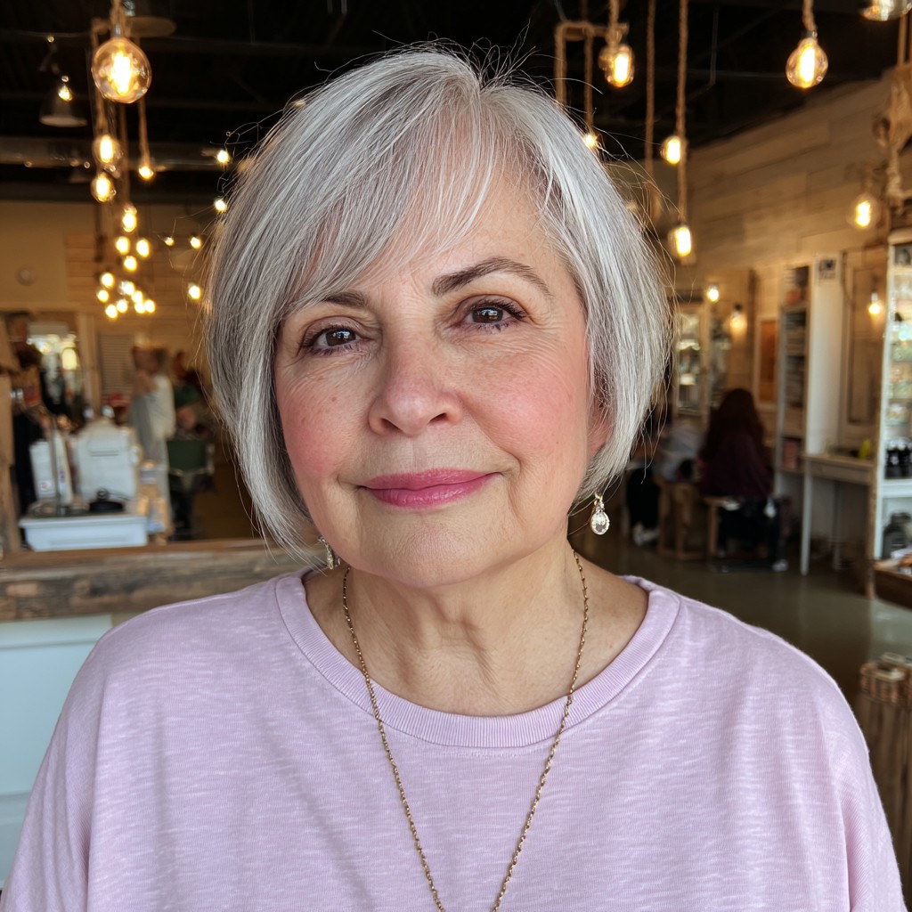 Softly Textured Silver Bob with Side-Swept Bangs