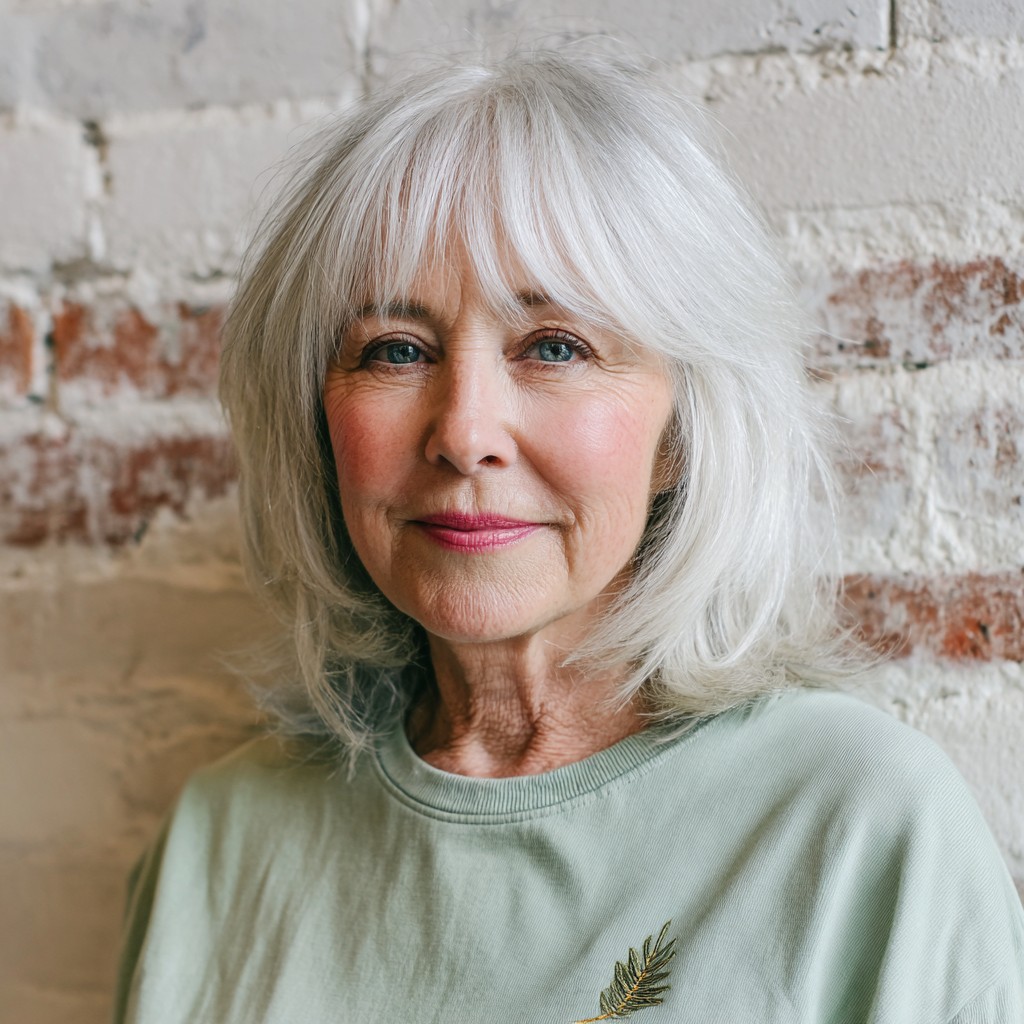Softly Textured Silver Shoulder-Length Bob with Gentle Layers