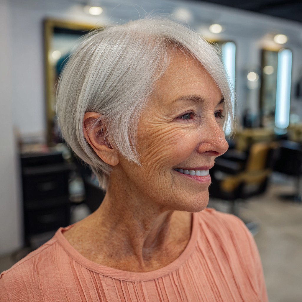 Stylish Layered Silver Bob with Side Swept Bangs