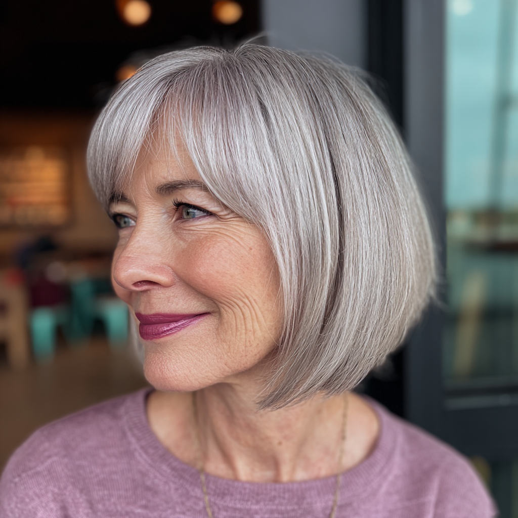 Stylish Silver Wedge Bob with Flattering Bangs