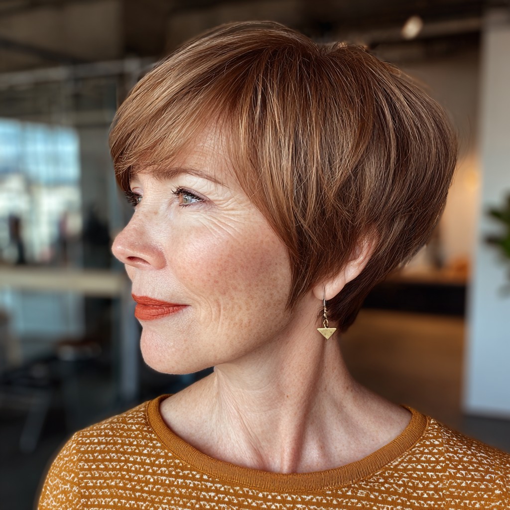 Stylish Textured Pixie with Soft Copper Highlights