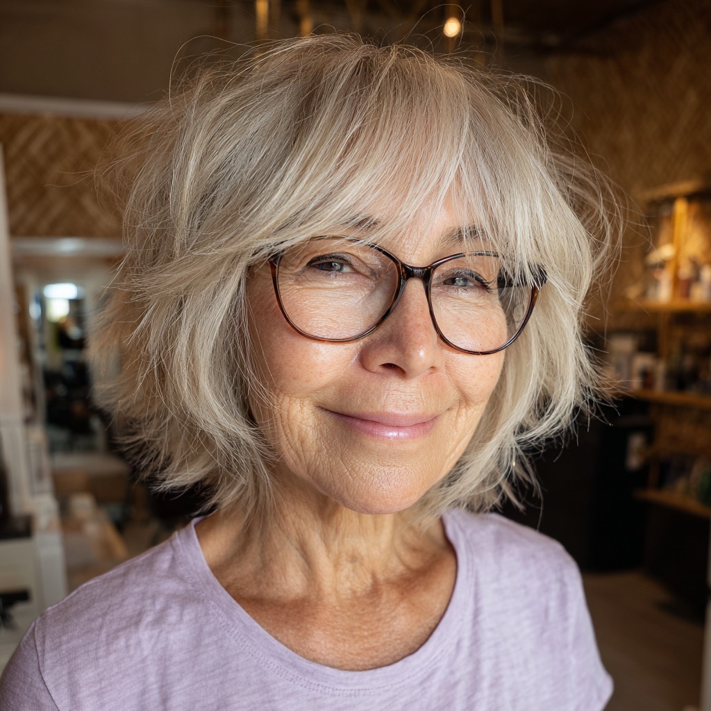 Textured Ash Blonde Shaggy Bob with Soft Bangs