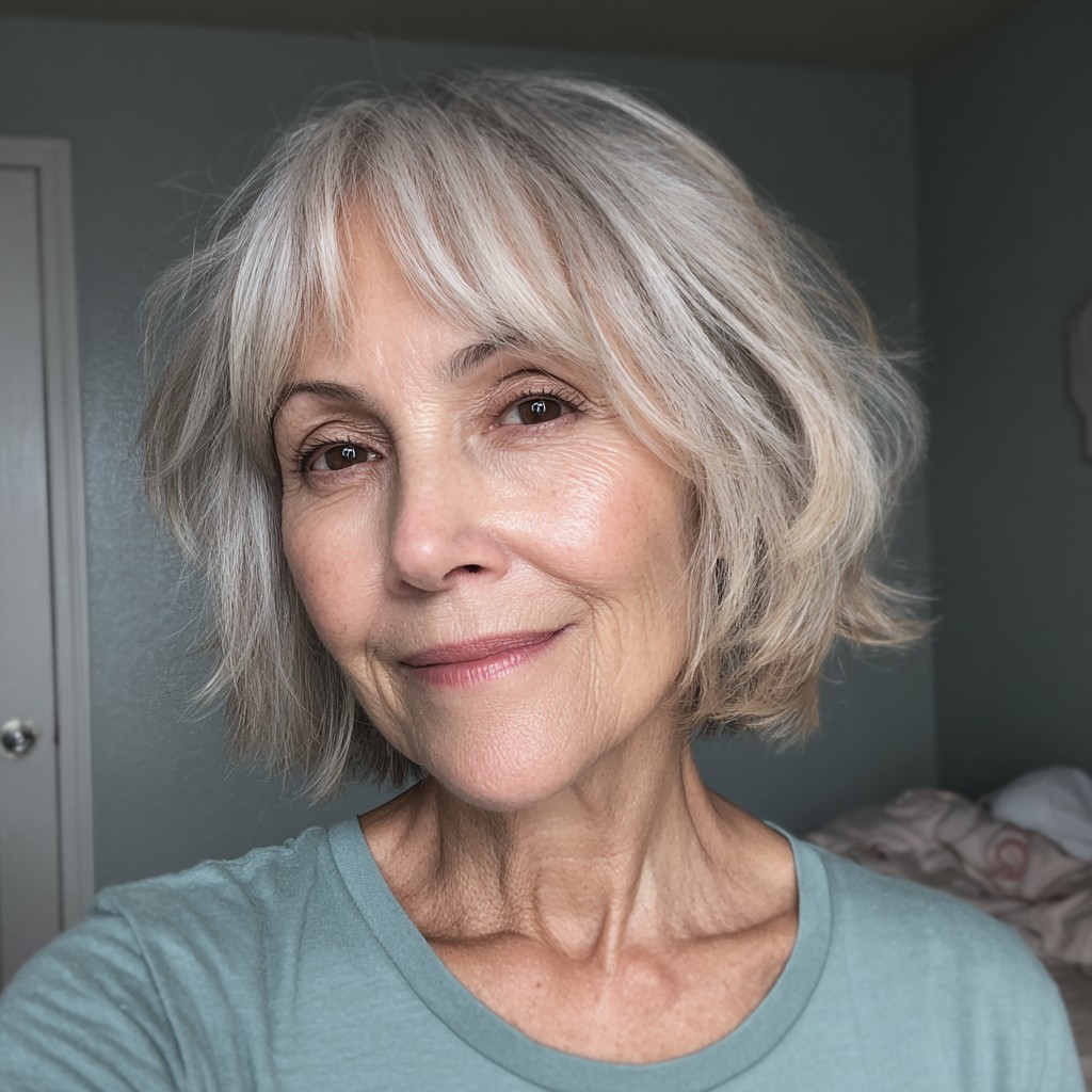 Textured Ash Blonde Shaggy Bob with Subtle Bangs