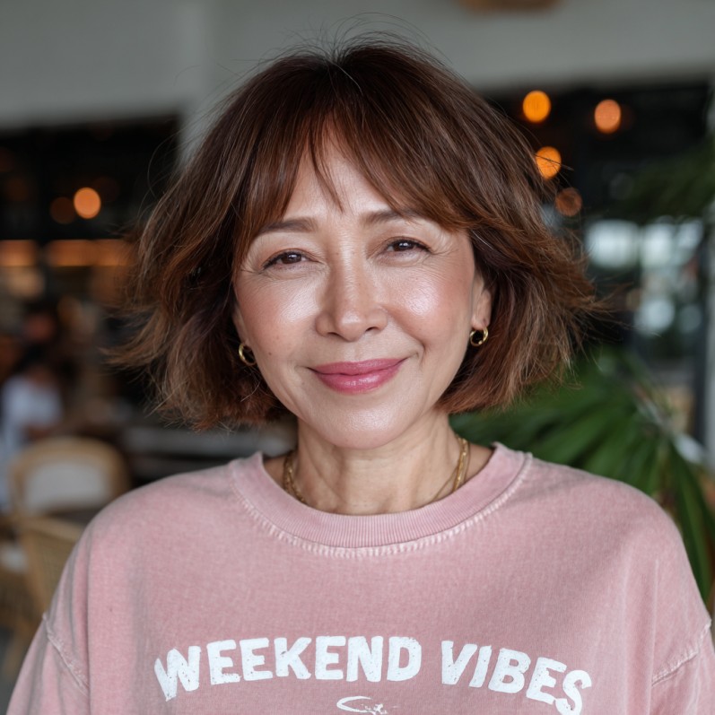 Textured Bob with Soft Choppy Bangs for Round Faces