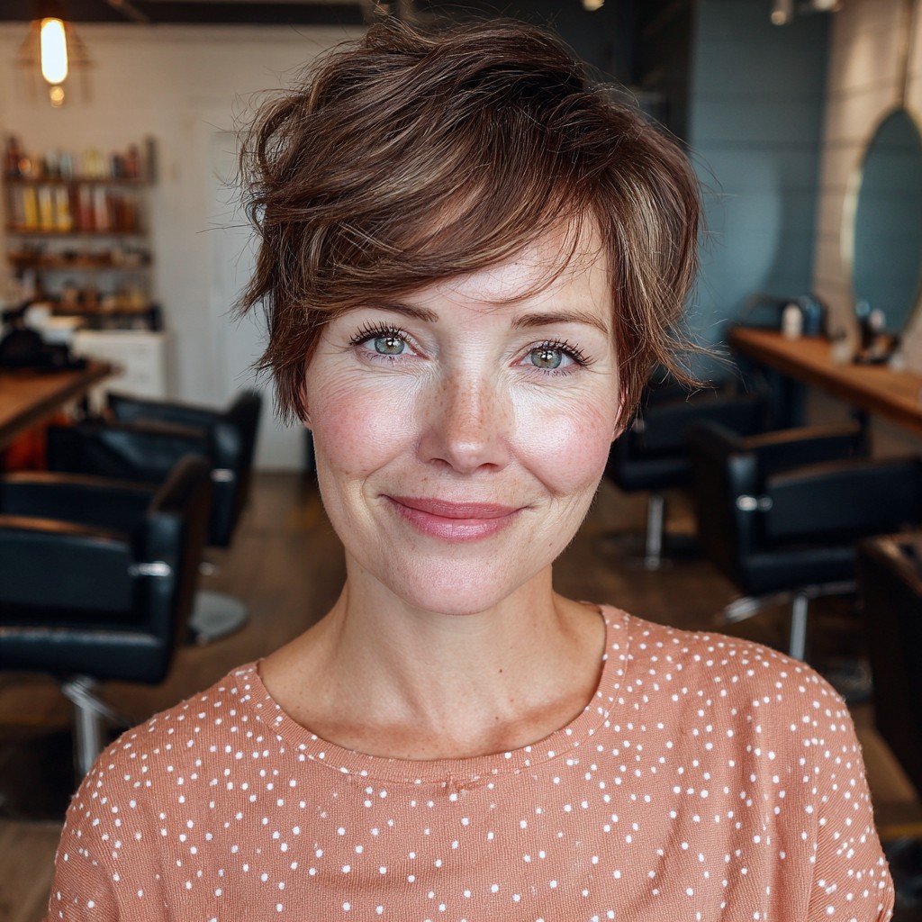 Textured Brown Pixie Cut with Soft Waves