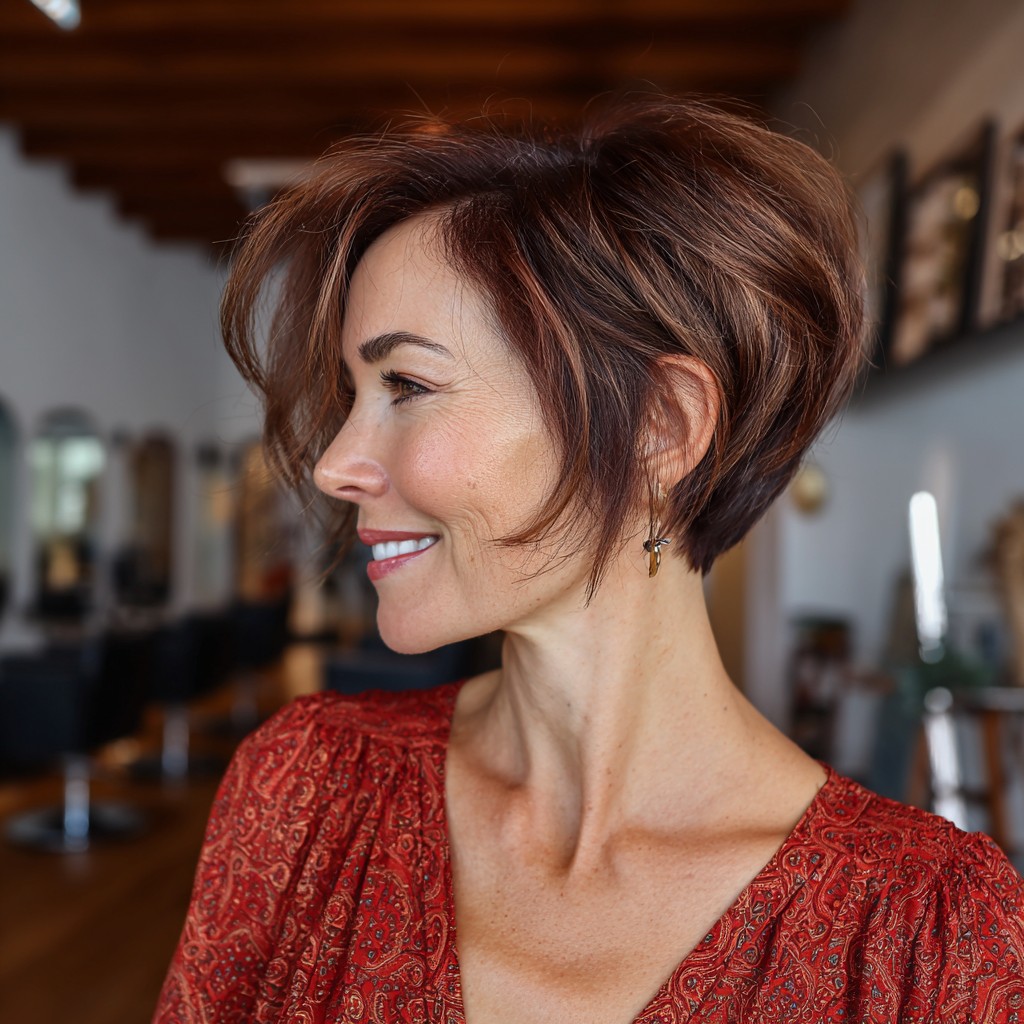 Textured Graduated Pixie with Warm Chestnut Undertones