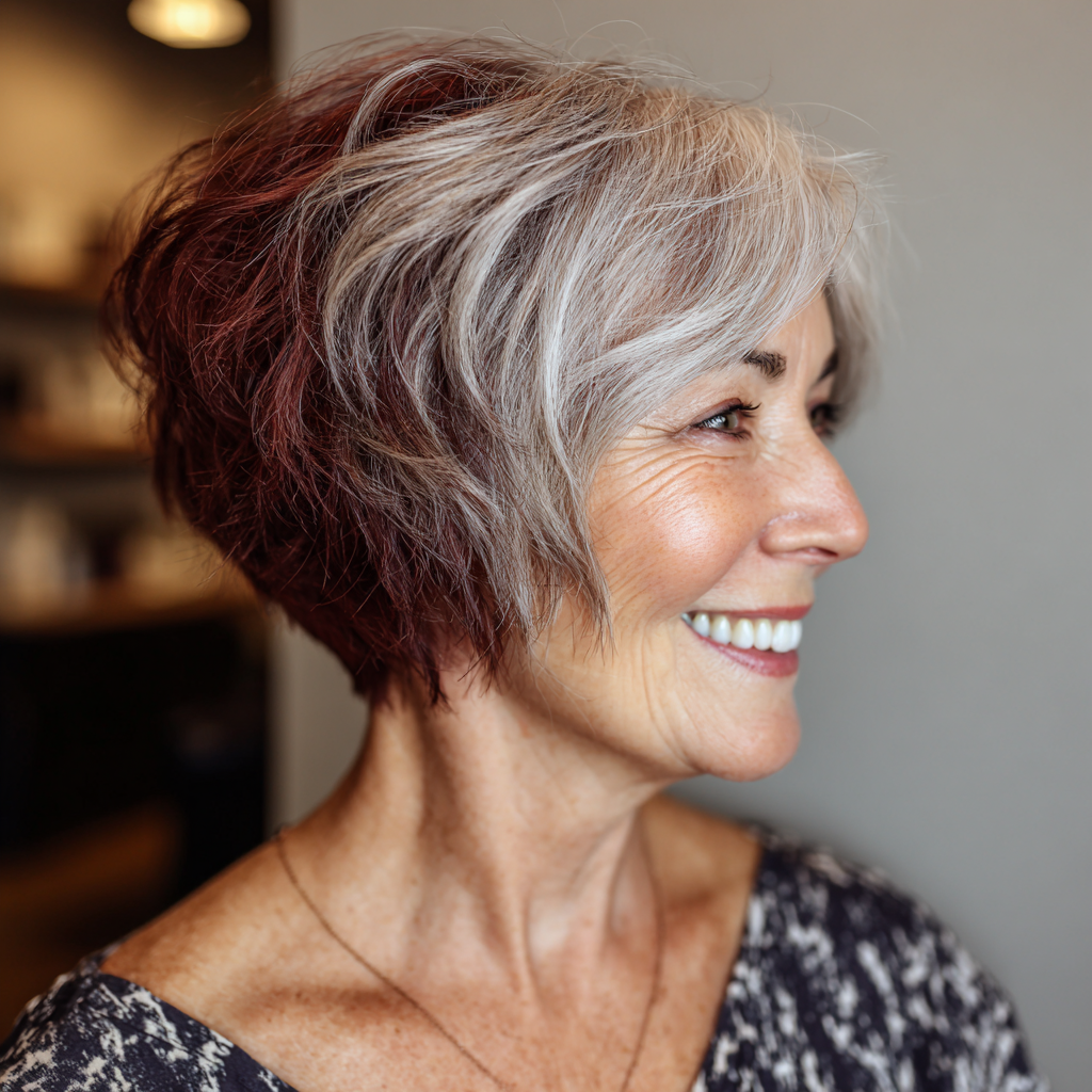 Textured Short Bob with Subtle Burgundy Accents