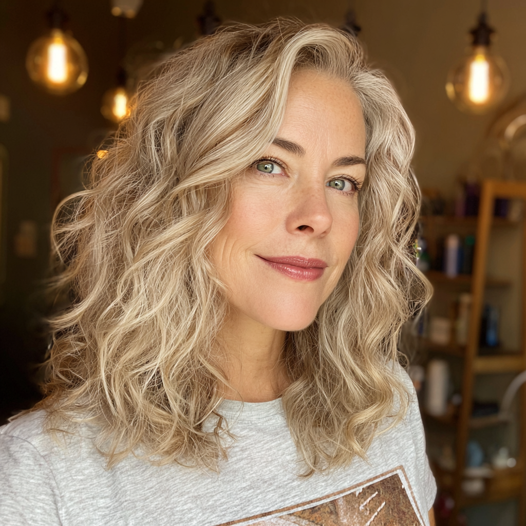 Textured Shoulder-Length Blonde Waves with Natural Highlights