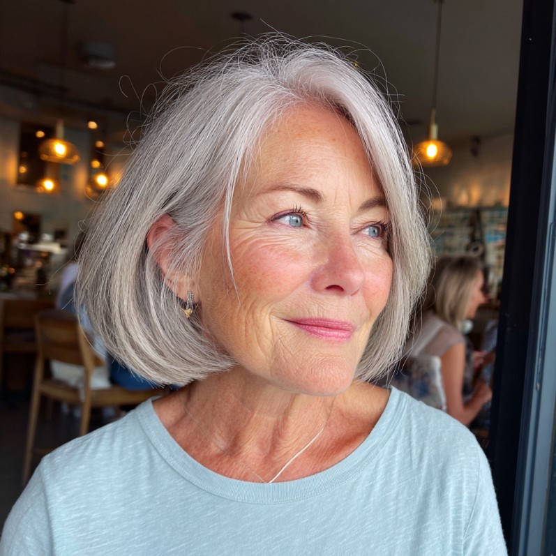 Textured Silver Floating Bob with Subtle Face-Framing Layers