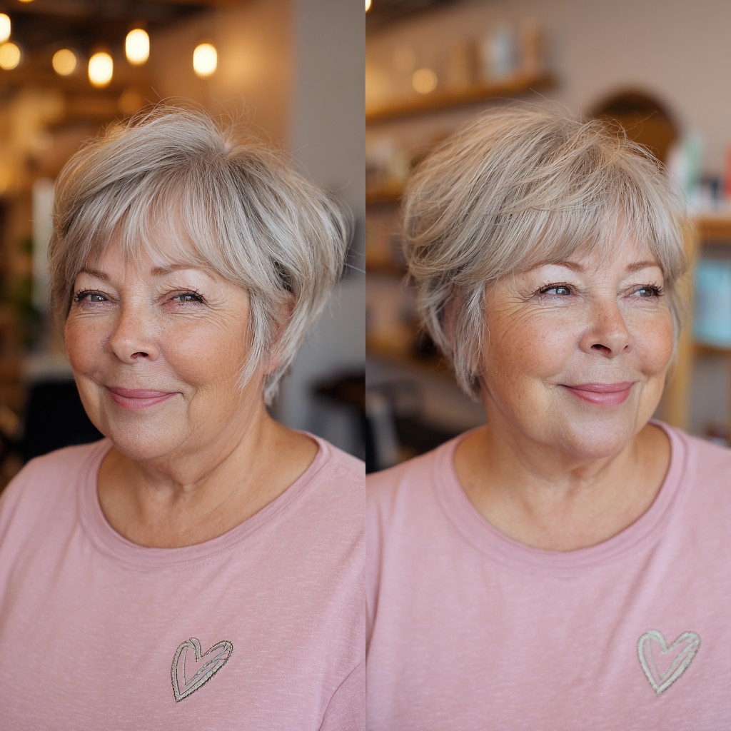 Textured Silver Pixie Bob with Side Swept Bangs