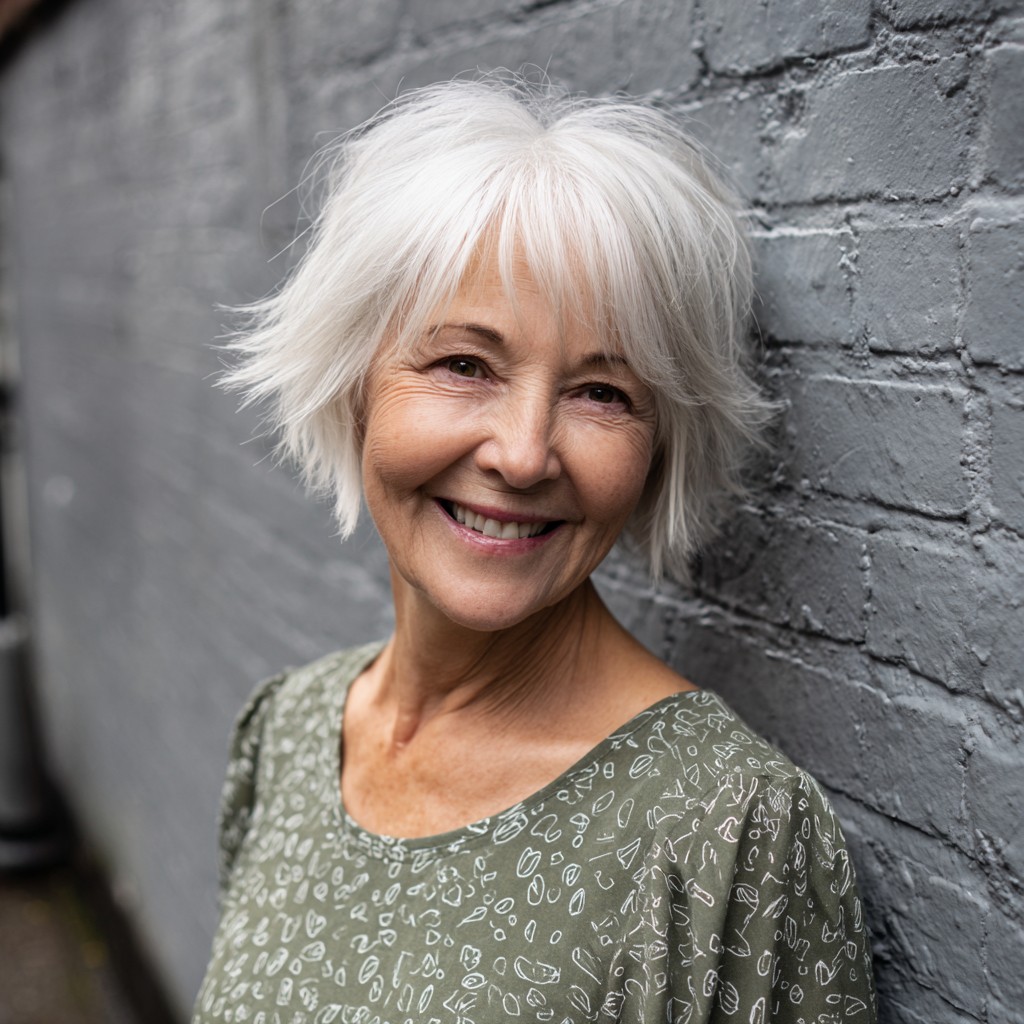 Textured Silver Shaggy Bob with Feathered Layers