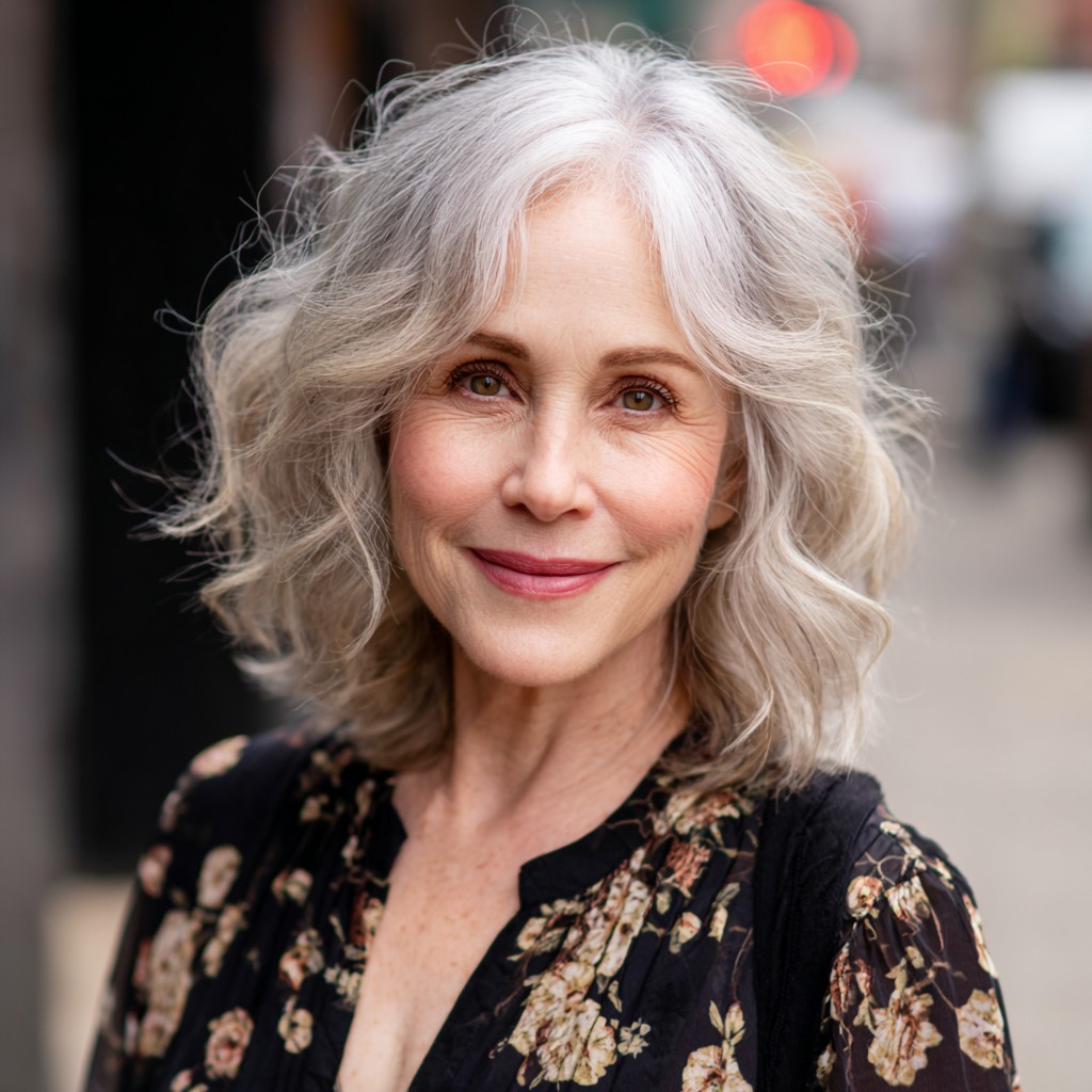 Textured Silver Shoulder-Length Bob with Soft Waves