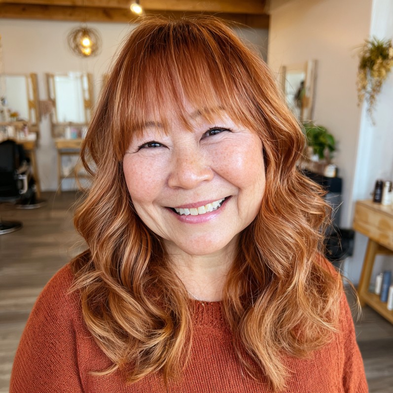 Warm Copper Waves with Soft Choppy Bangs