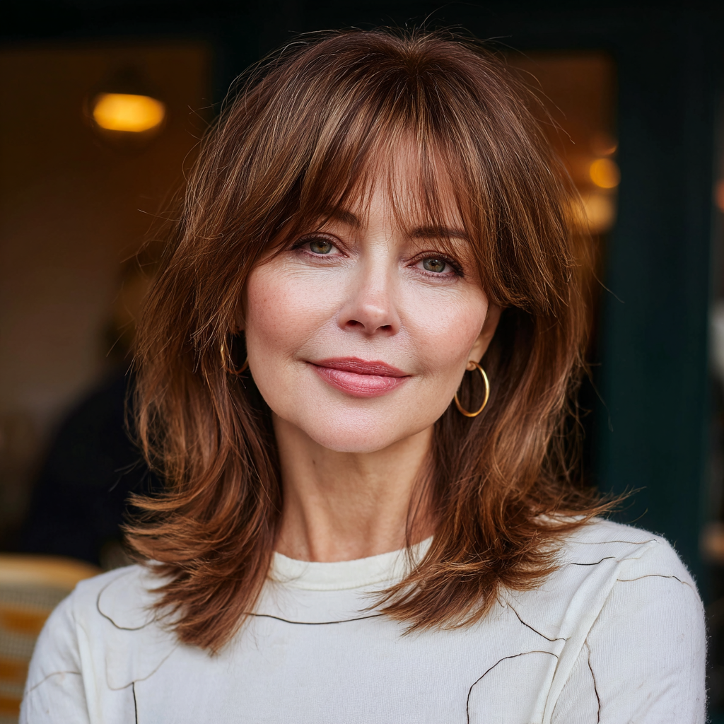 Chic Layered Cut with Soft Bangs and Subtle Highlights