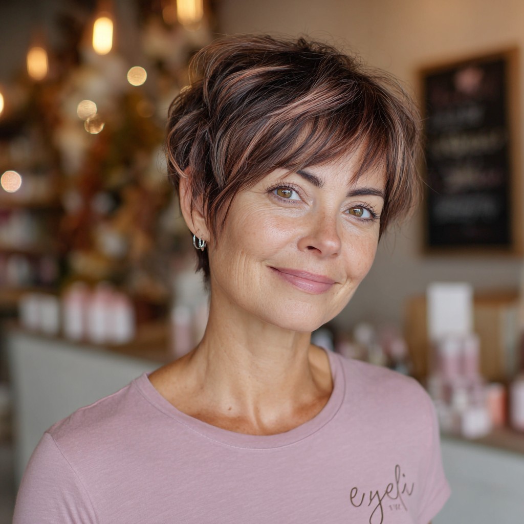 Chic Layered Pixie with Subtle Balayage Highlights