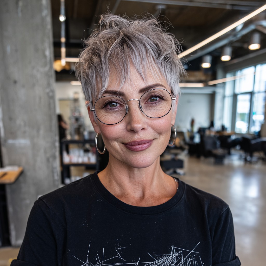 Chic Layered Silver Pixie with Textured Volume