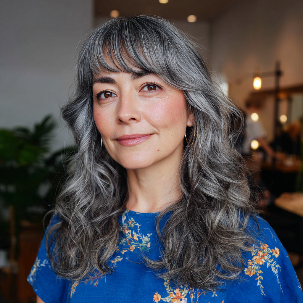 Chic Long Grey Waves with Soft Bangs